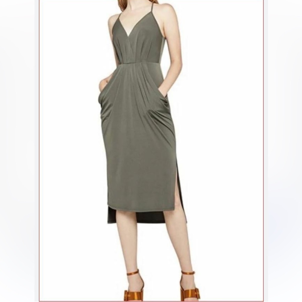 BCBG | V Neck Drape Hourglass Midi Dress with Pockets Olive Green XS